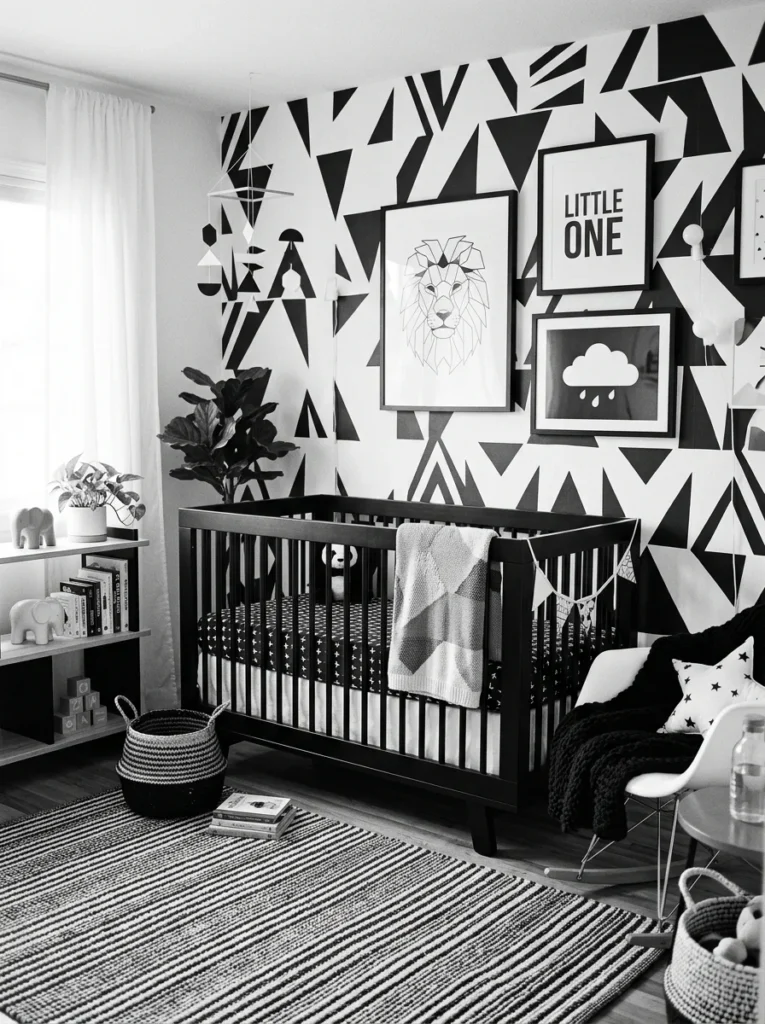 Black and white gender-neutral nursery with graphic modern decor.