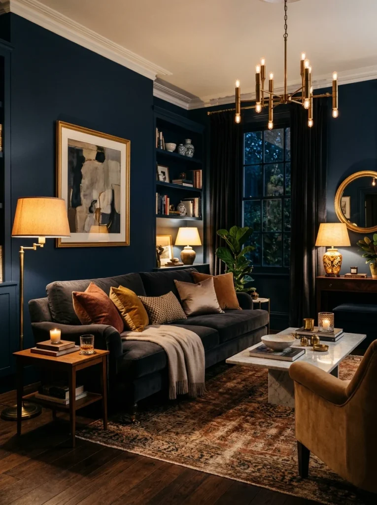 Bold moody living room with deep navy walls and warm brass accents.