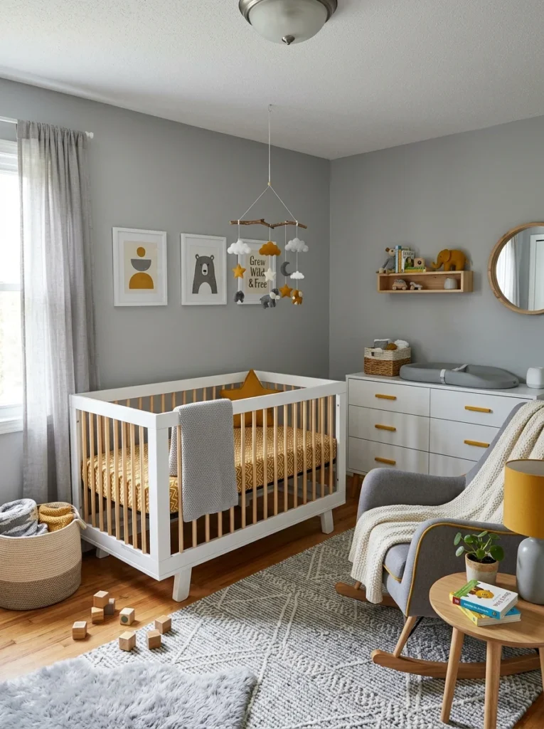 Mustard and grey nursery with modern gender-neutral baby room decor.