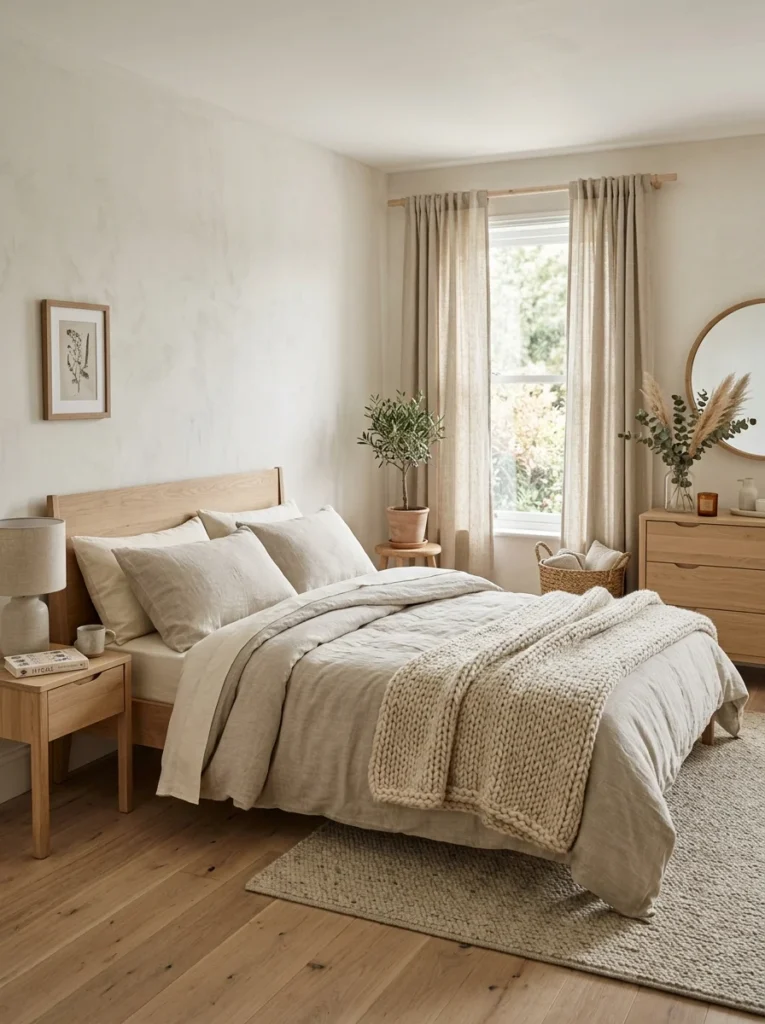 Soft neutral bedroom with warm ivory tones and layered textures.