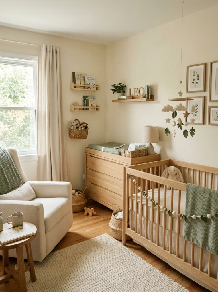 Calming nursery color palette with soft neutrals and sage green accents.