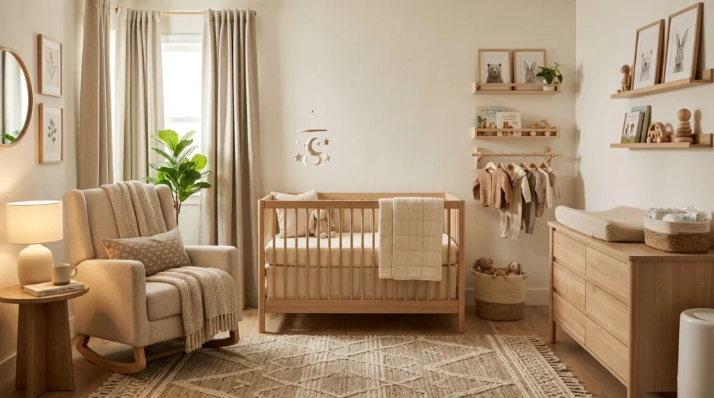 Modern nursery design with cozy crib, warm neutral decor, glider chair, and Scandinavian-inspired baby room styling.