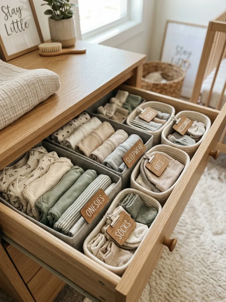 Organized baby nursery storage with labeled baskets and drawer dividers.