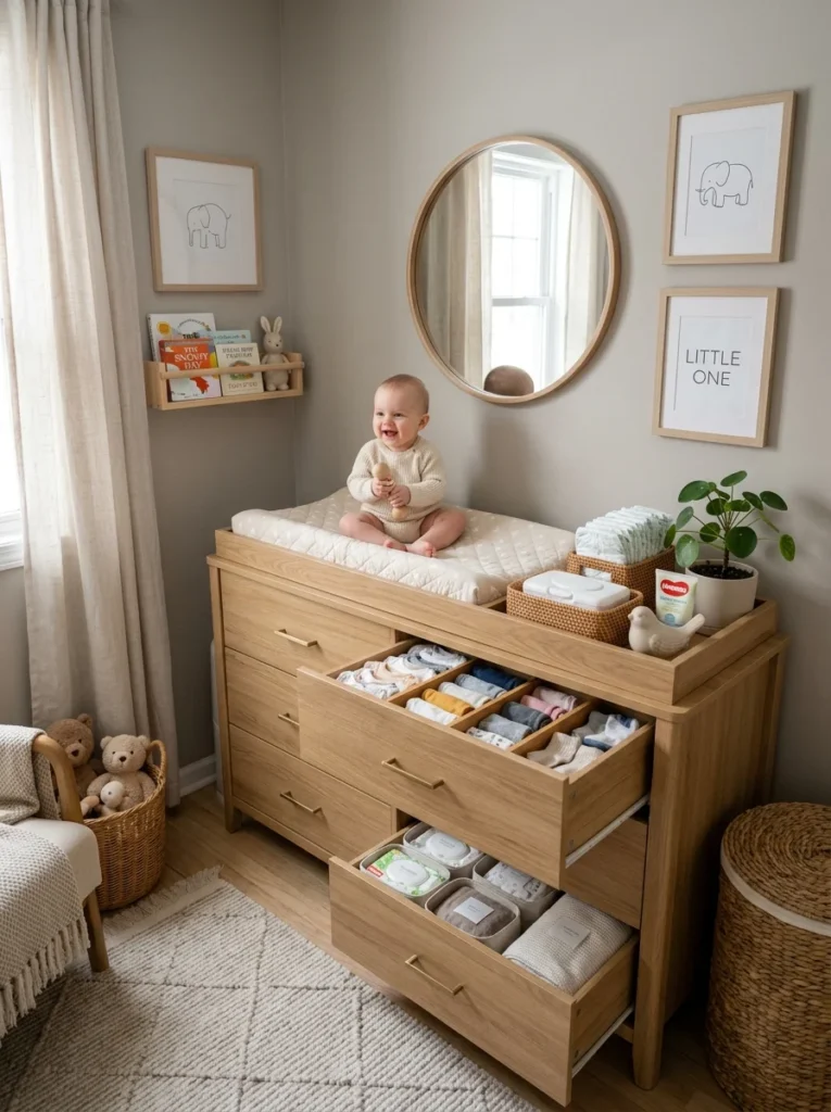 Compact nursery changing station with dresser storage and baby essentials.