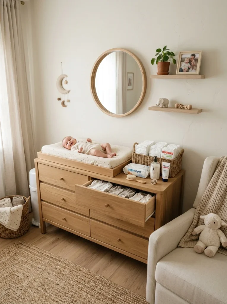 Organized nursery changing station with dresser storage and baby essentials.