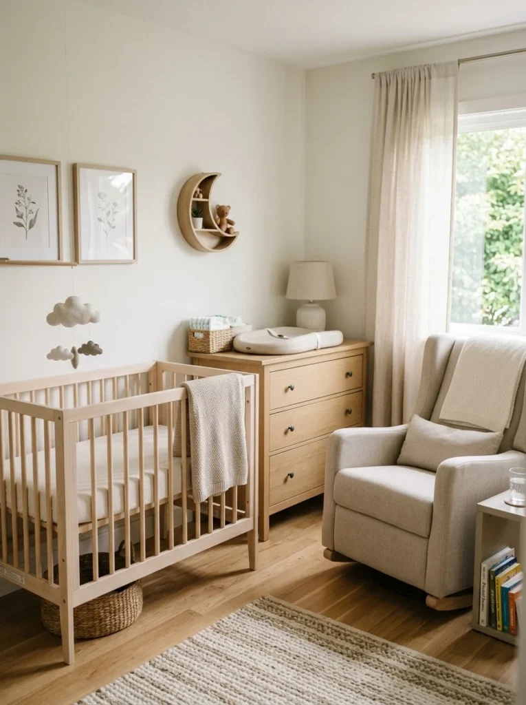Small nursery essentials arranged efficiently in a compact baby room.