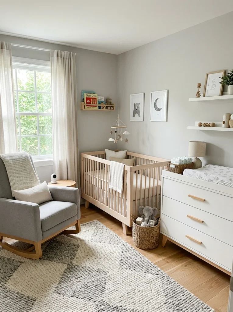 Essential nursery furniture setup with crib and changing station.