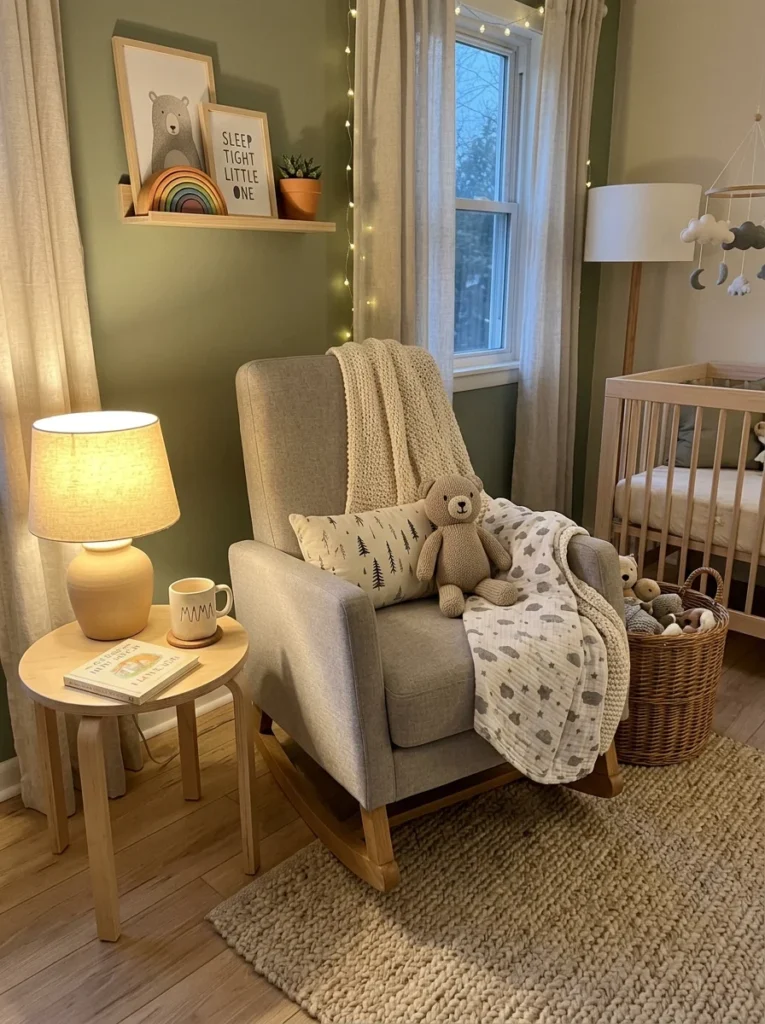 Comfortable nursery glider chair for nighttime feeding and baby care.