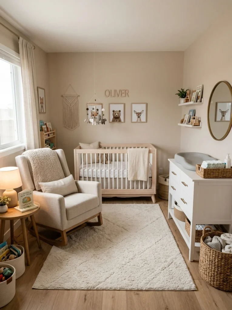 Well-planned nursery layout with crib, changing station, and cozy feeding chair.