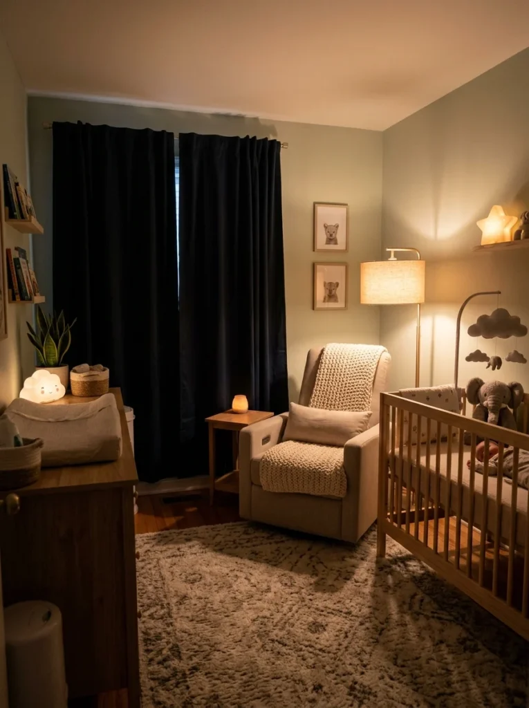 Warm nursery lighting with blackout curtains and cozy nighttime setup.
