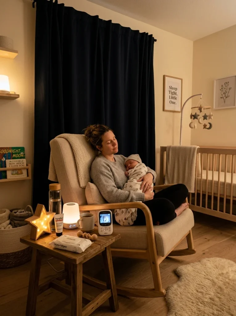Cozy nursery nighttime care setup with warm night light, glider chair, baby monitor, and white noise machine.
