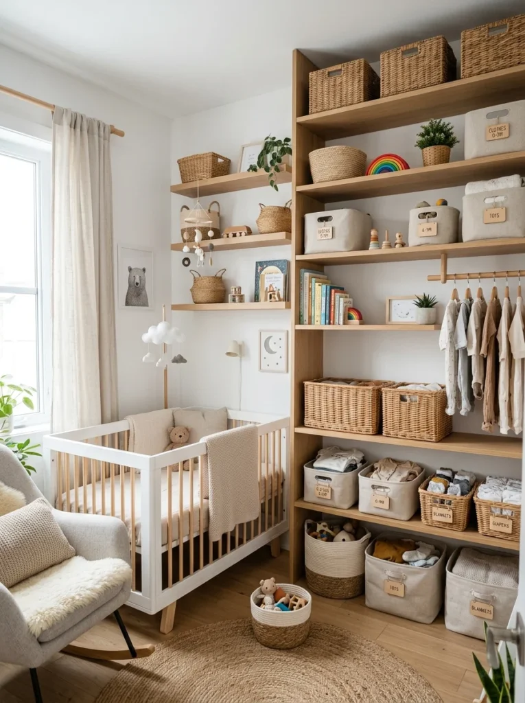 Vertical nursery storage ideas with shelves and baskets in a tiny room.