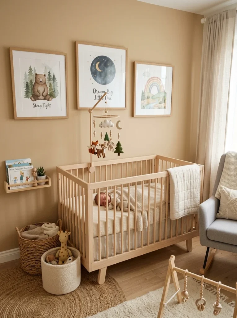 Cozy tiny nursery decor with crib wall art and hanging baby mobile.