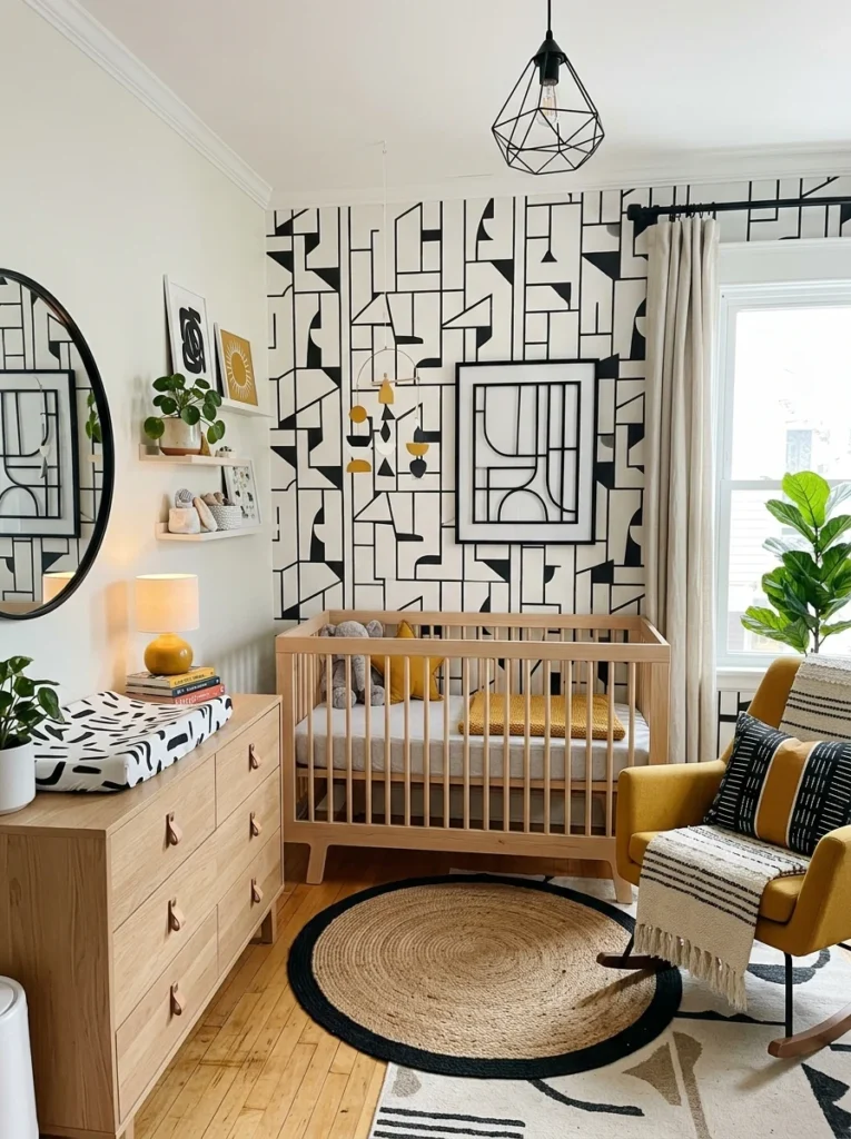 Modern graphic nursery with black and white geometric decor.