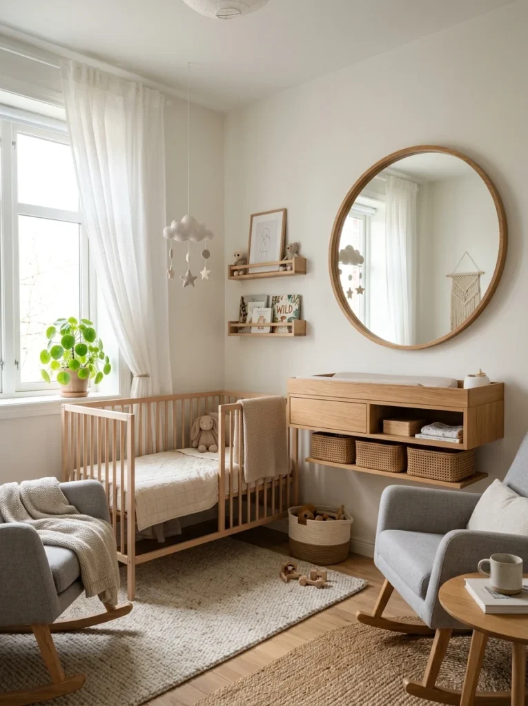 Bright small nursery using mirrors and light colors to make room feel bigger.