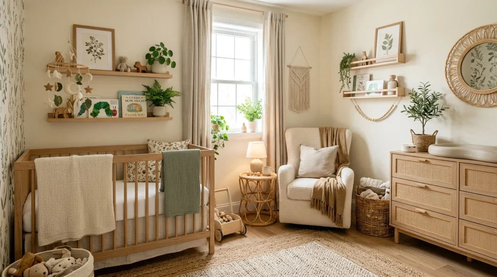 Modern gender-neutral nursery with sage green accents, natural wood crib, cozy textures, and Scandinavian boho decor.