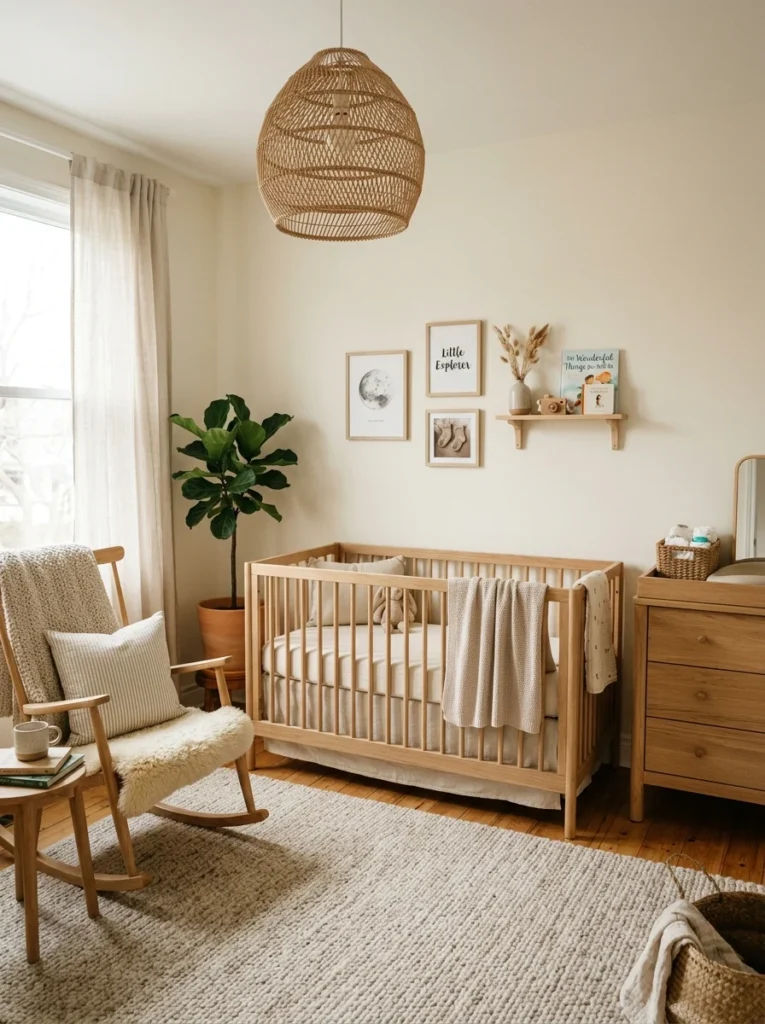 Warm neutral nursery with natural wood furniture and cozy cream decor.