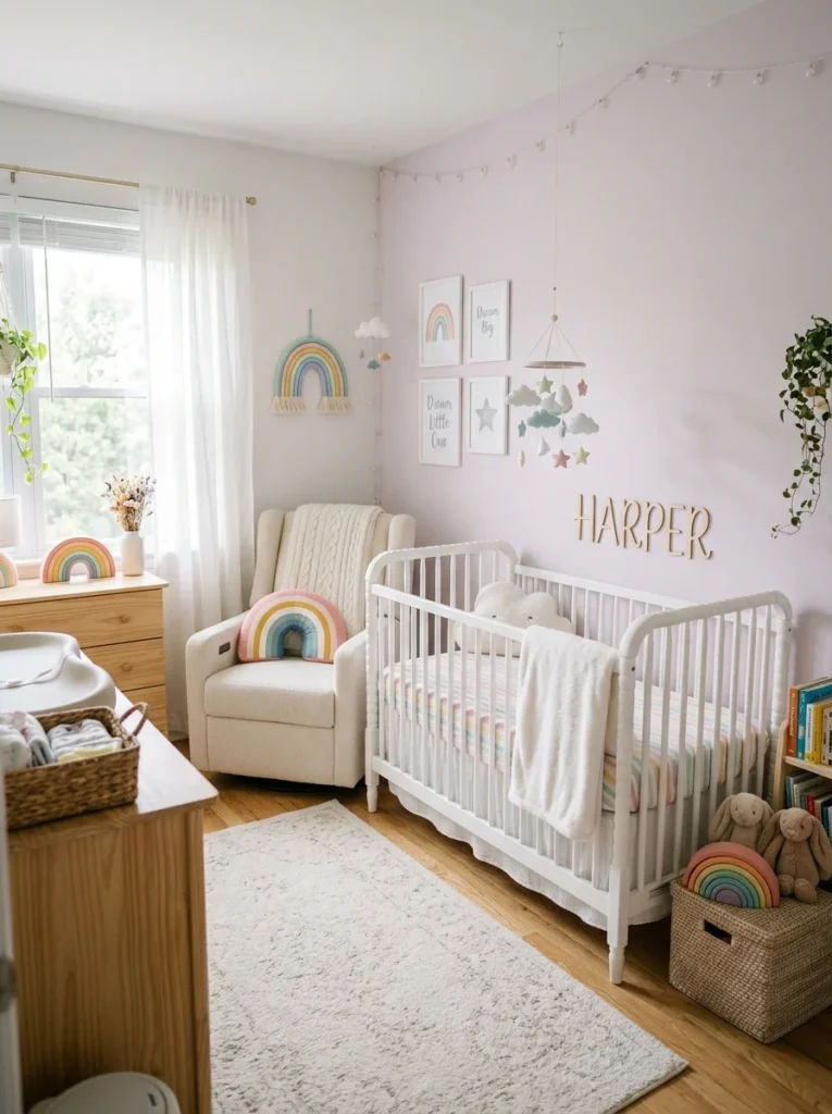Soft pastel gender-neutral nursery with cozy colorful decor.