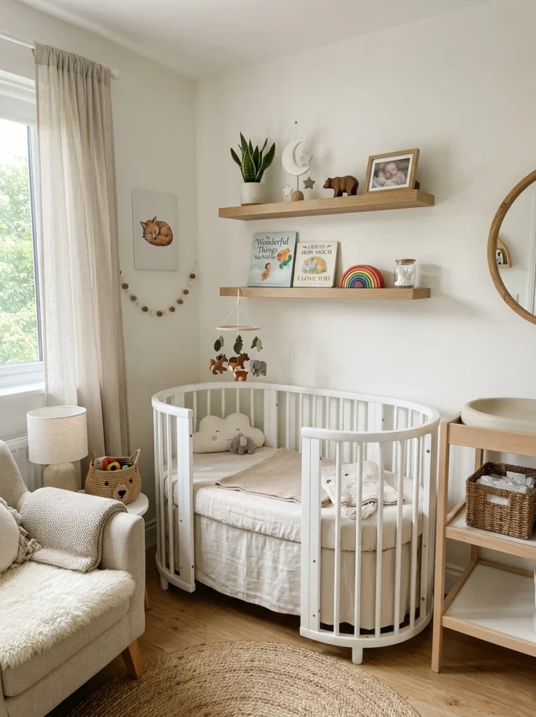 Mini crib in small nursery with space-saving Scandinavian decor.