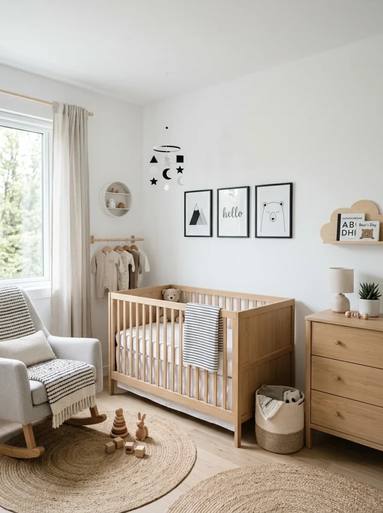 Minimalist Scandinavian nursery with clean white and wood decor.