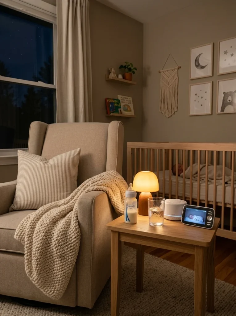 Cozy nursery nursing station with side table, warm night light, baby essentials, and comfortable glider chair.