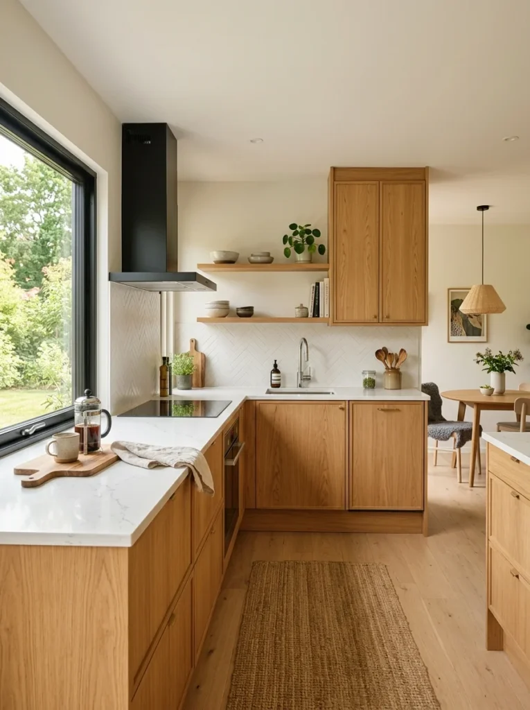 Warm oak kitchen cabinets with white countertops and Scandinavian styling.