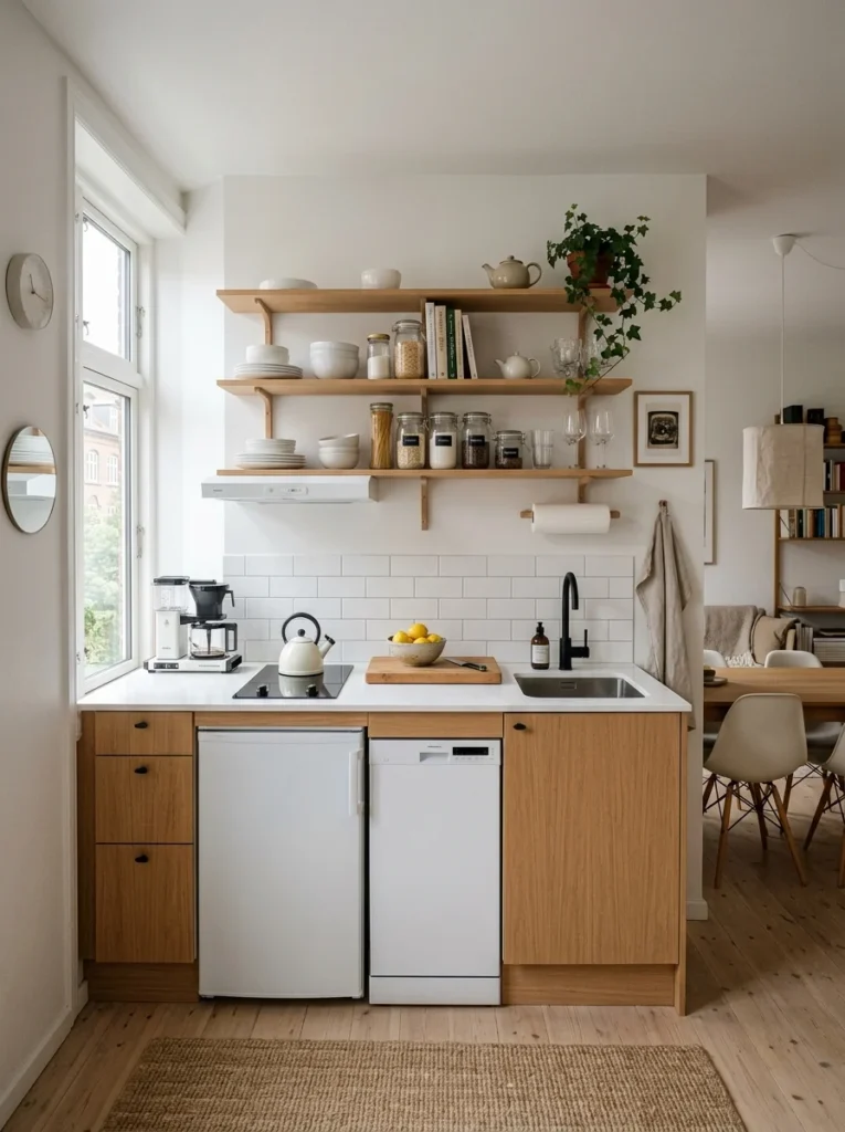 Modern galley kitchen with parallel countertops, white cabinets, warm wood flooring, bright lighting, realistic interior photography