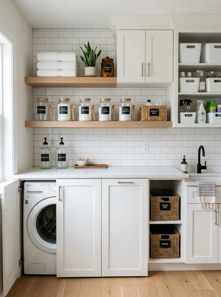 Laundry room cabinets with organized detergent and cleaning supplies.
