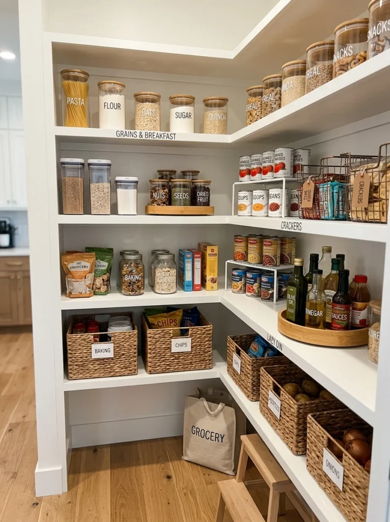 Measuring pantry shelves before buying storage containers and organizers.