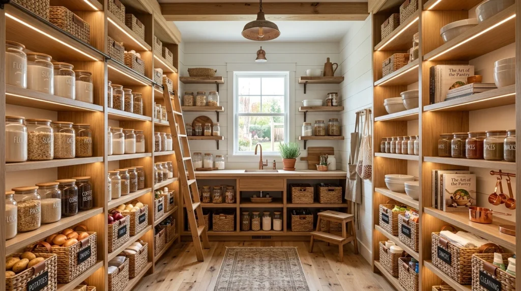 Beautiful organized storage room with matching containers, woven baskets, warm wood shelving, and under-shelf lighting.