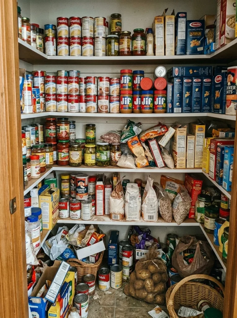Cluttered pantry with expired food and duplicate items before decluttering.