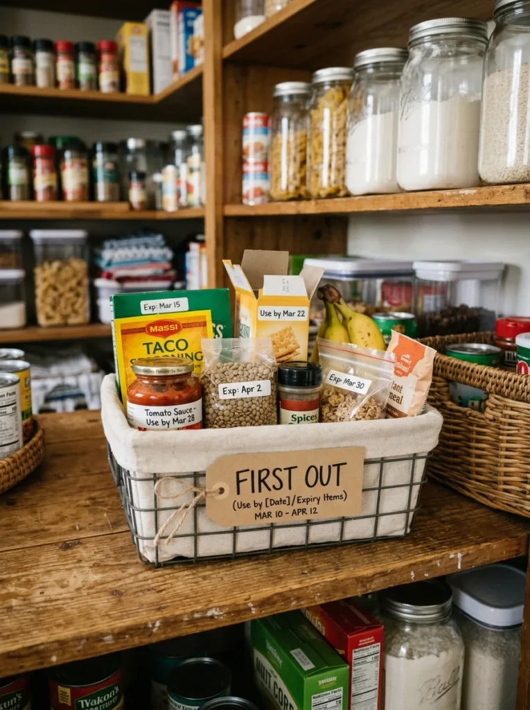 First-out pantry basket for organizing foods close to expiration date.