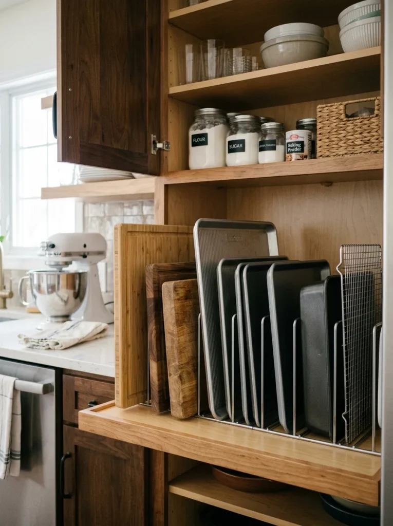 Vertical dividers organizing trays and cutting boards in pantry cabinet.