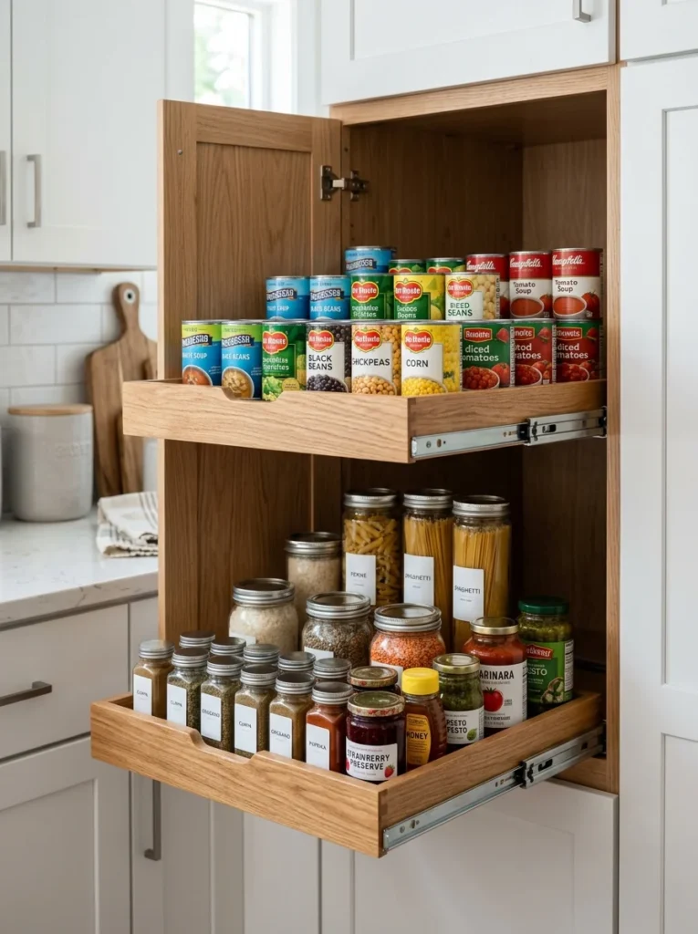 Pull-out pantry shelves making deep cabinet storage easy to access.