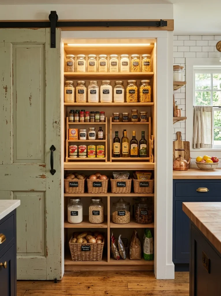 Sliding barn door for converted pantry closet in compact kitchen.