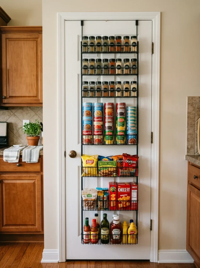 Over-door pantry organizer maximizing storage in tiny kitchen.