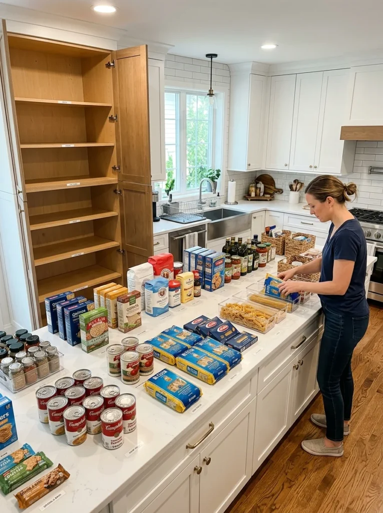 Pantry organization process with all pantry items removed and sorted on countertop.