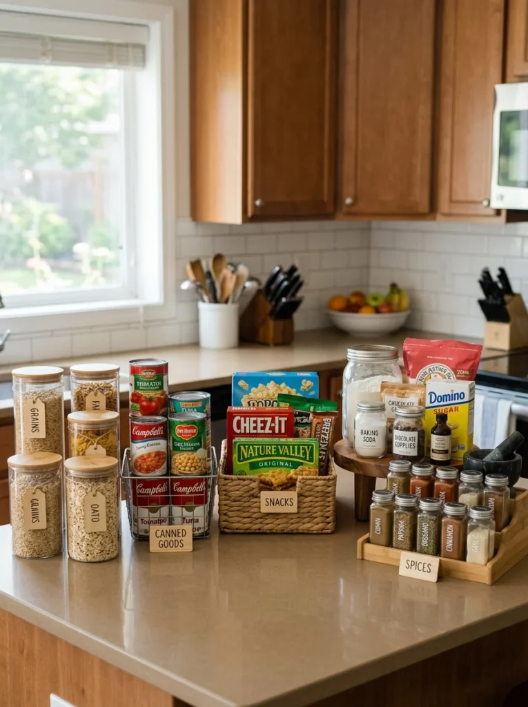 Pantry items sorted into categories like snacks, grains, canned goods, and baking supplies.
