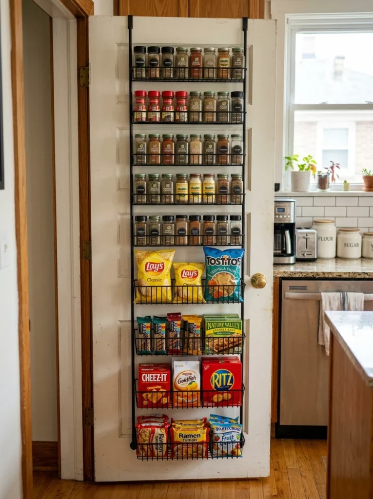 Kitchen door organizer storing snacks and pantry essentials.