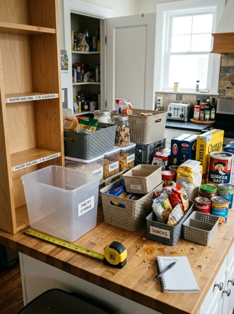 Pantry storage containers purchased without measuring shelves properly.