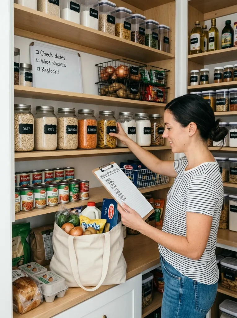 Weekly pantry maintenance routine keeping shelves clean and organized.