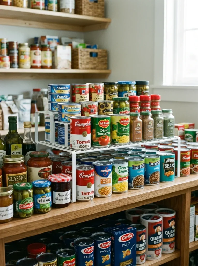 Stackable shelf risers creating double storage levels in pantry cabinet.