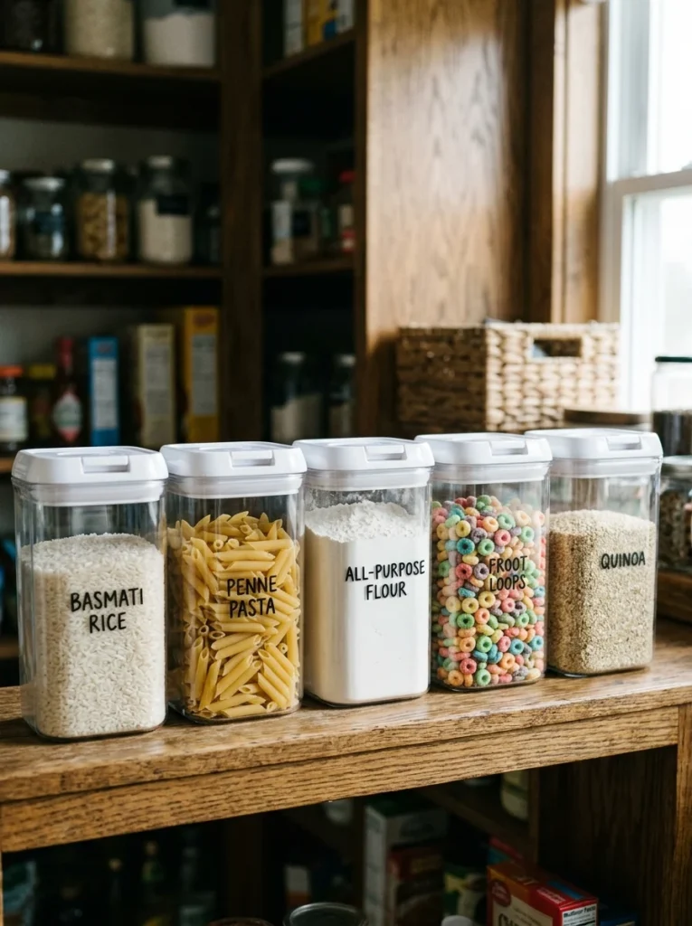 Clear pantry containers improving visibility and kitchen organization.