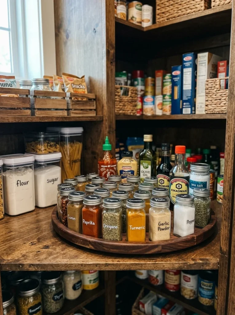 Lazy susan organizer making deep pantry shelves easier to access.