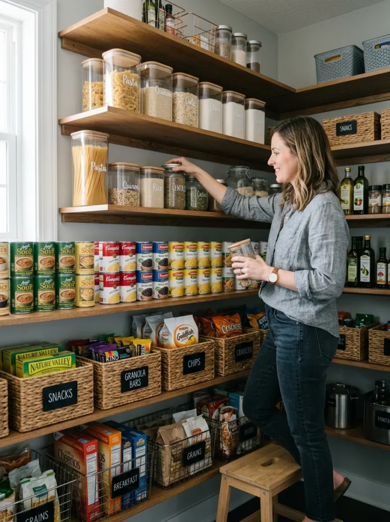 Loading organized pantry shelves with categorized food containers and baskets.