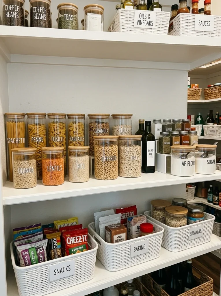 Weekly-use pantry storage zone with baking supplies and bulk ingredients.