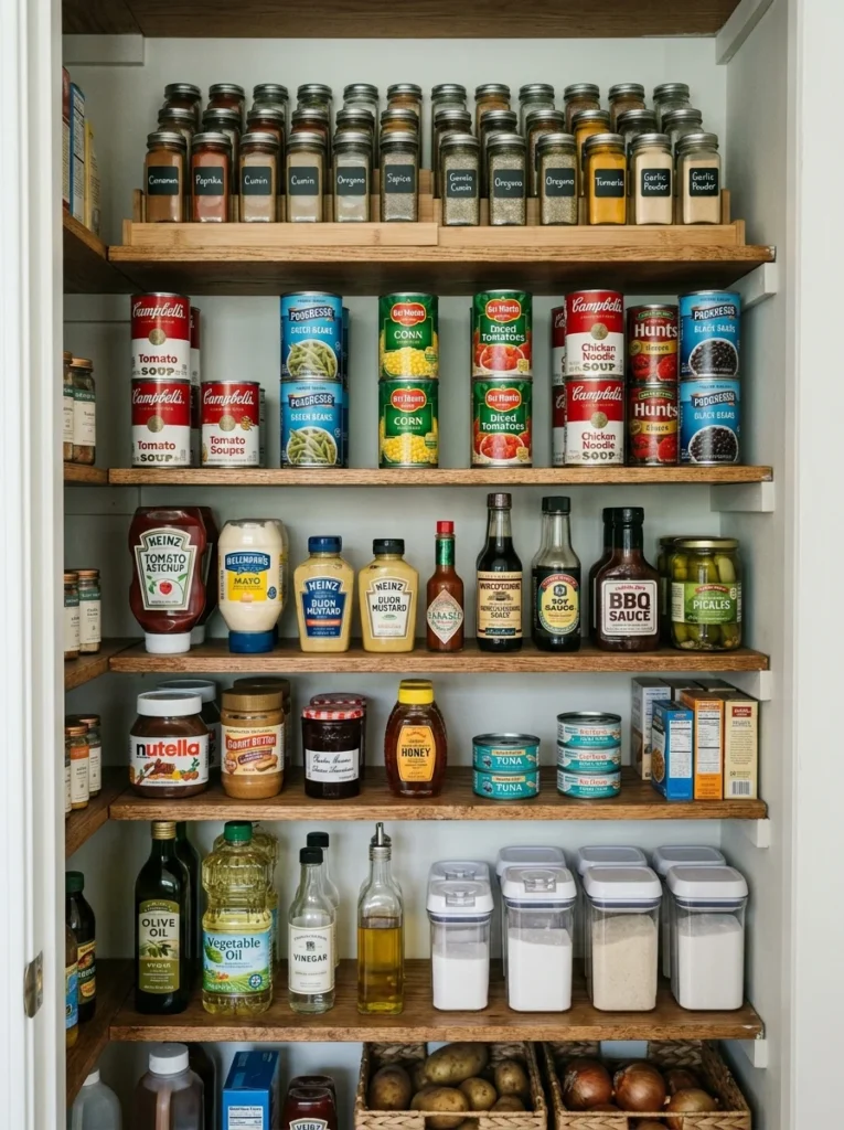 16-inch pantry shelves storing everyday food containers and dry goods.