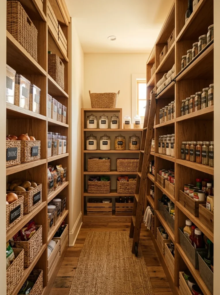 Woven baskets and labeled bins in beautifully styled pantry storage room.