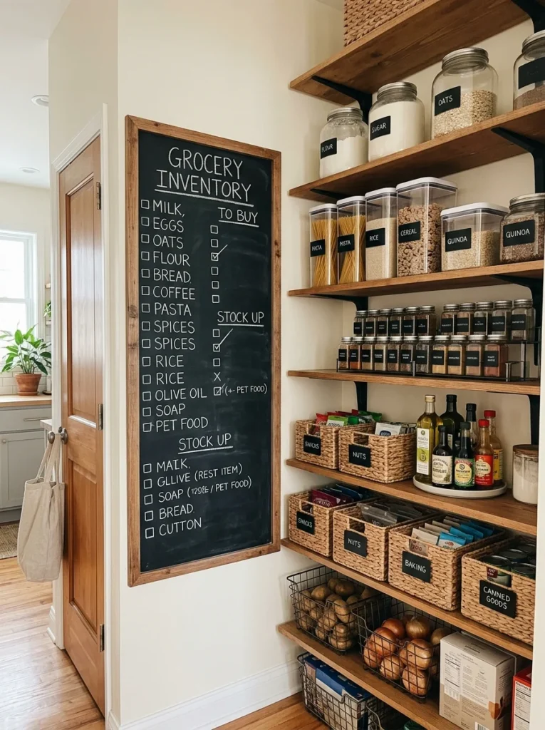 Pantry inventory chalkboard helping track groceries and supplies.