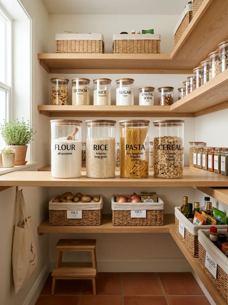 Matching clear pantry containers creating cohesive organized storage.